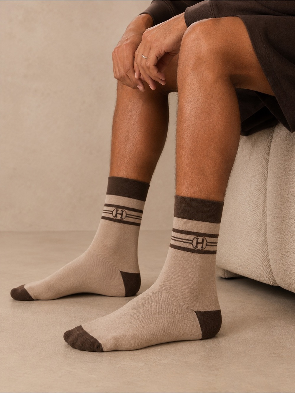 Hermes Beige and Brown Logo Crew Socks